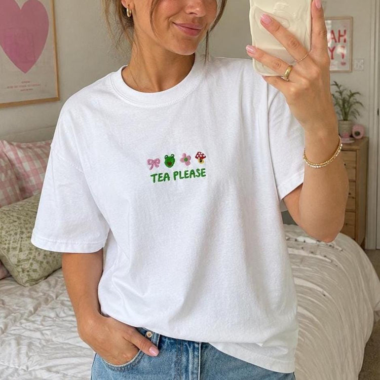 Tea Please Embroidered Tshirt