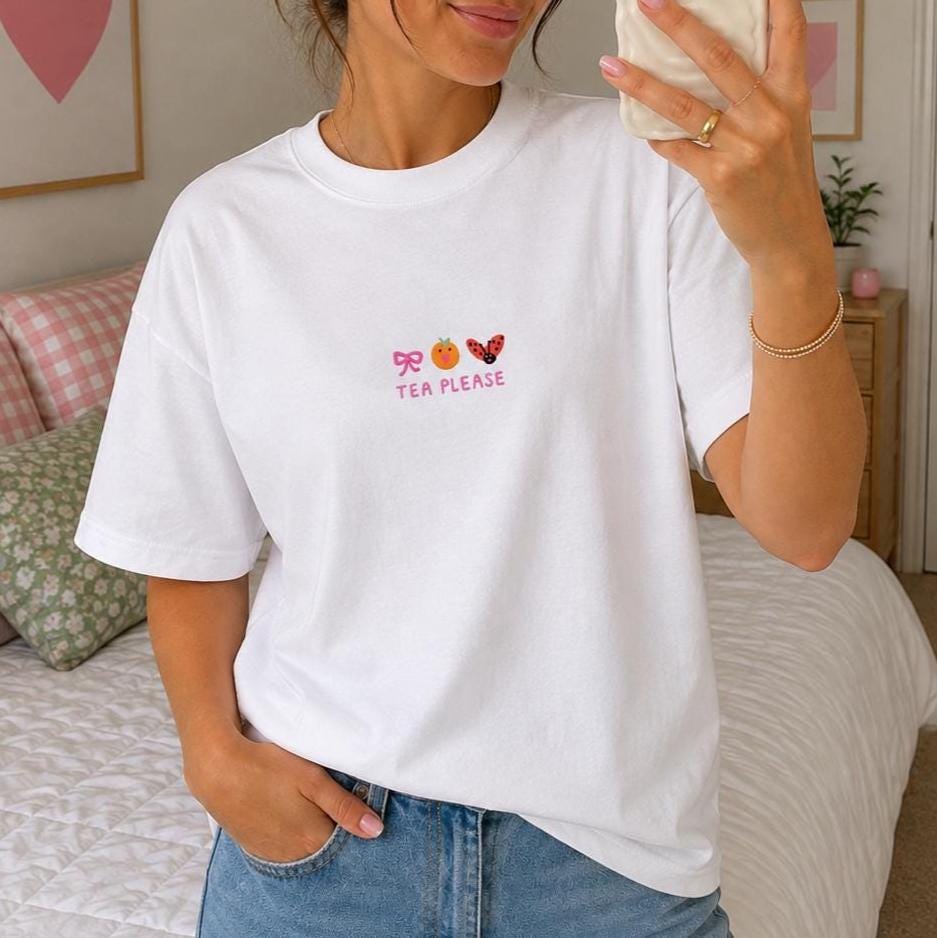 Tea Please Cute Embroidered Tshirt