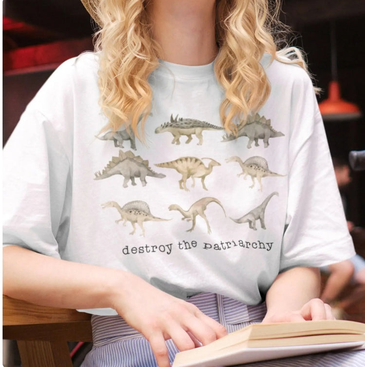 White Destroy the Patriarchy dinosaur tee
